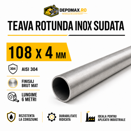 Teava rotunda inox sudata AISI 304, 108 x 4 mm, 6 metri